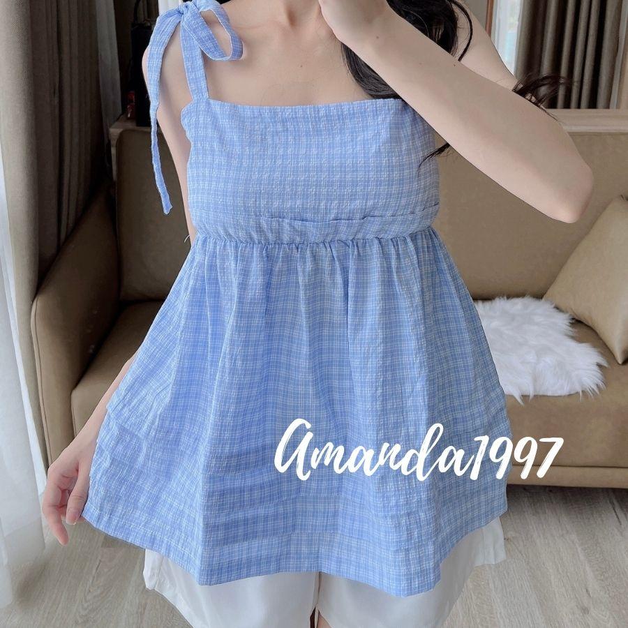 {Amanda} Set áo hai dây buộc nơ xốp mix quần short trắng ngây thơ - set áo 2 dây 5 màu thời trang nữ