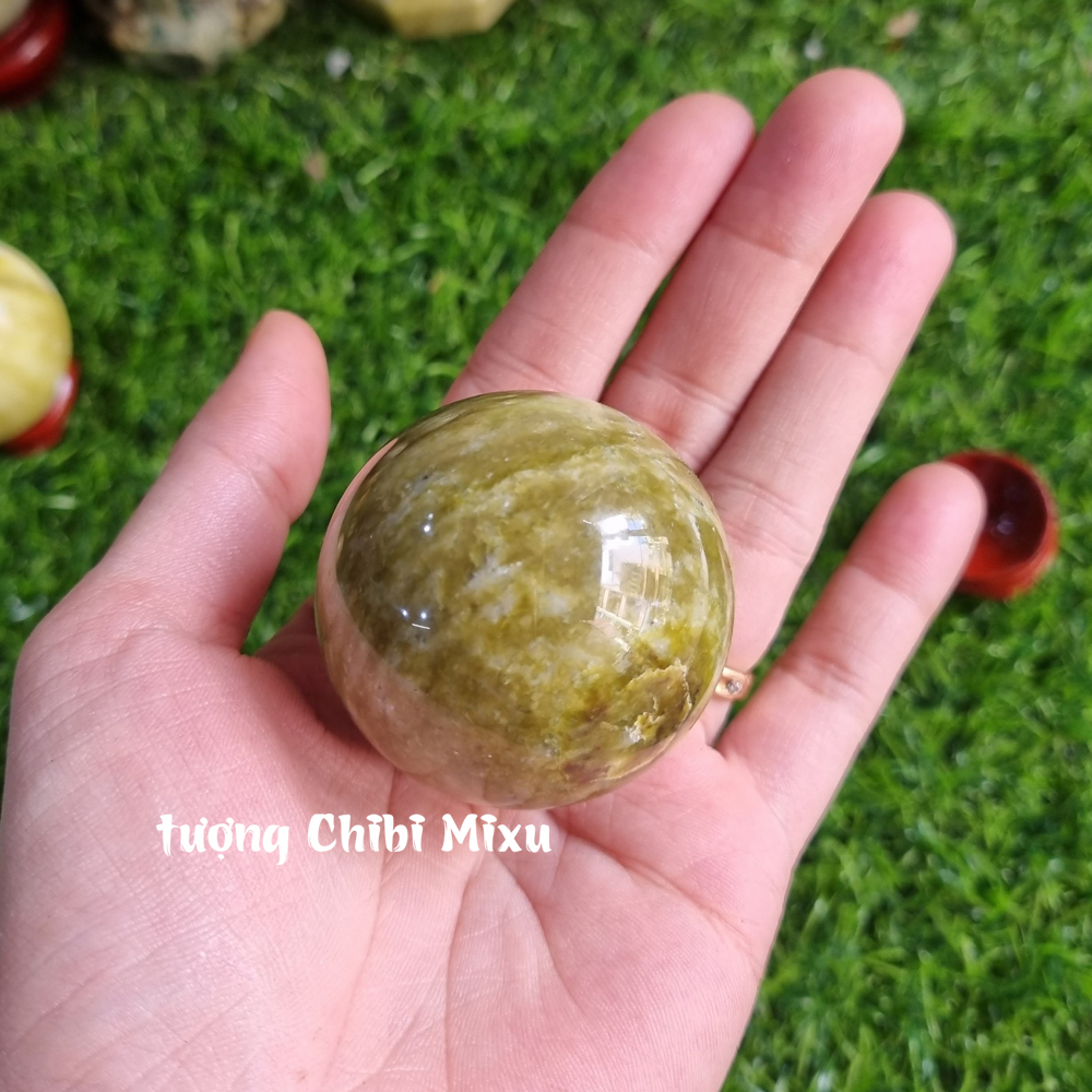 Bi cầu phong thủy đá Serpentine xanh cốm 4.5-5cm cho người mệnh Mộc và Hỏa đá Việt Nam