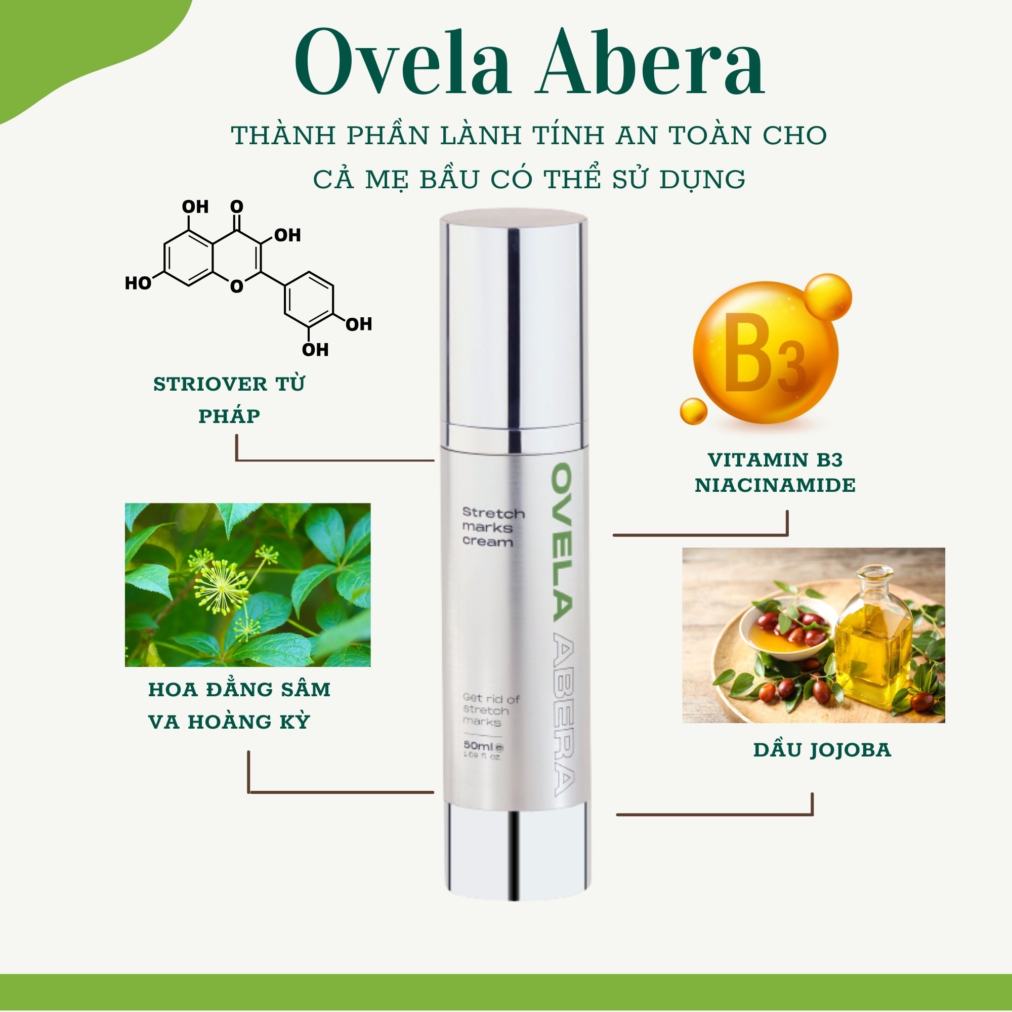 Kem Rạn Da OVELA ABERA 50ML, Dưỡng Ẩm, Giảm Rạn Cũ, Ngừa Rạn Mới, Mờ Thâm Bụng, Xóa Tan Mọi Âu Lo Về Rạn Da Cho Mẹ Bầu