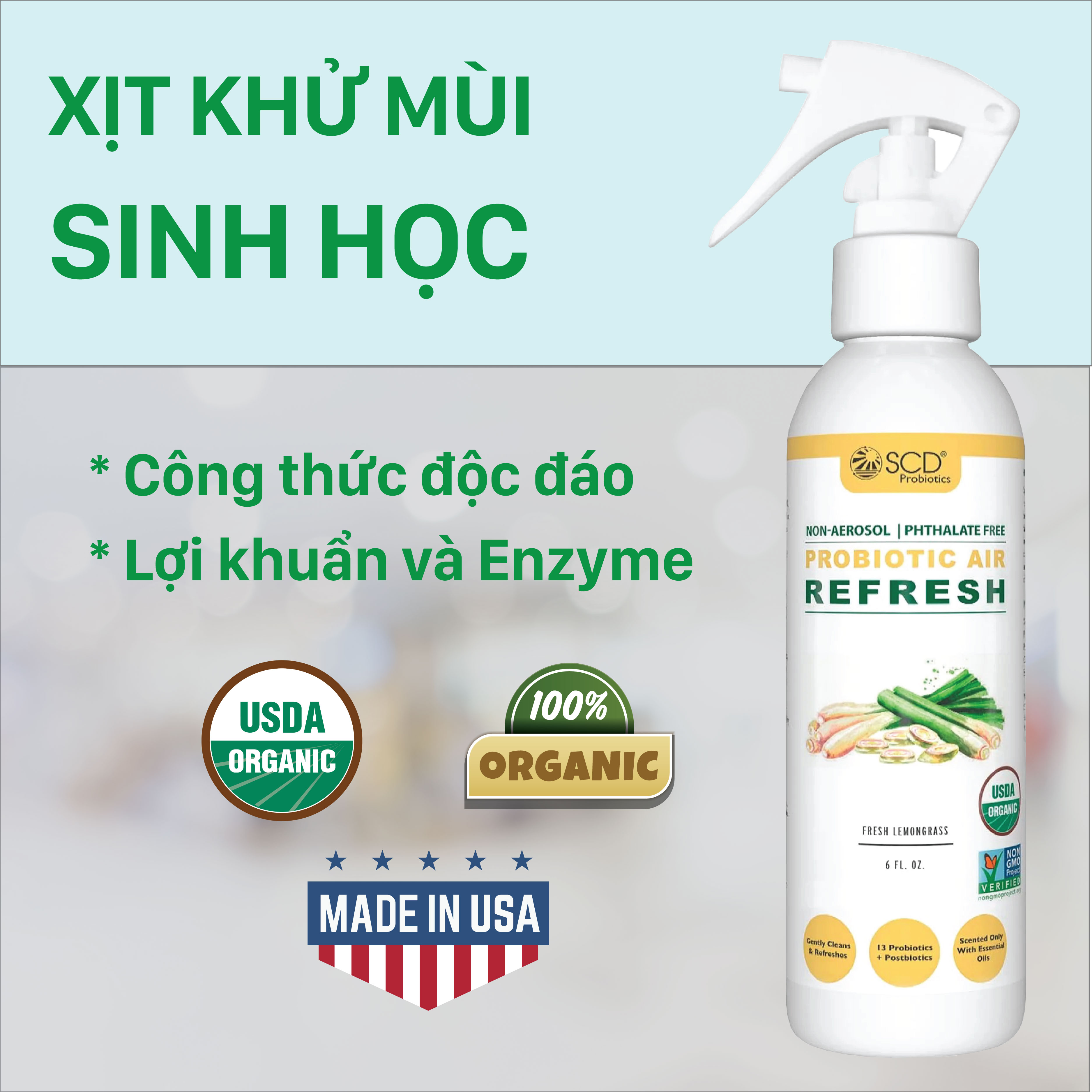 Chai khử mùi Sinh học - Hương Sả - 177ml - Probiotics Air Refresh (SCD Probiotics, USA)