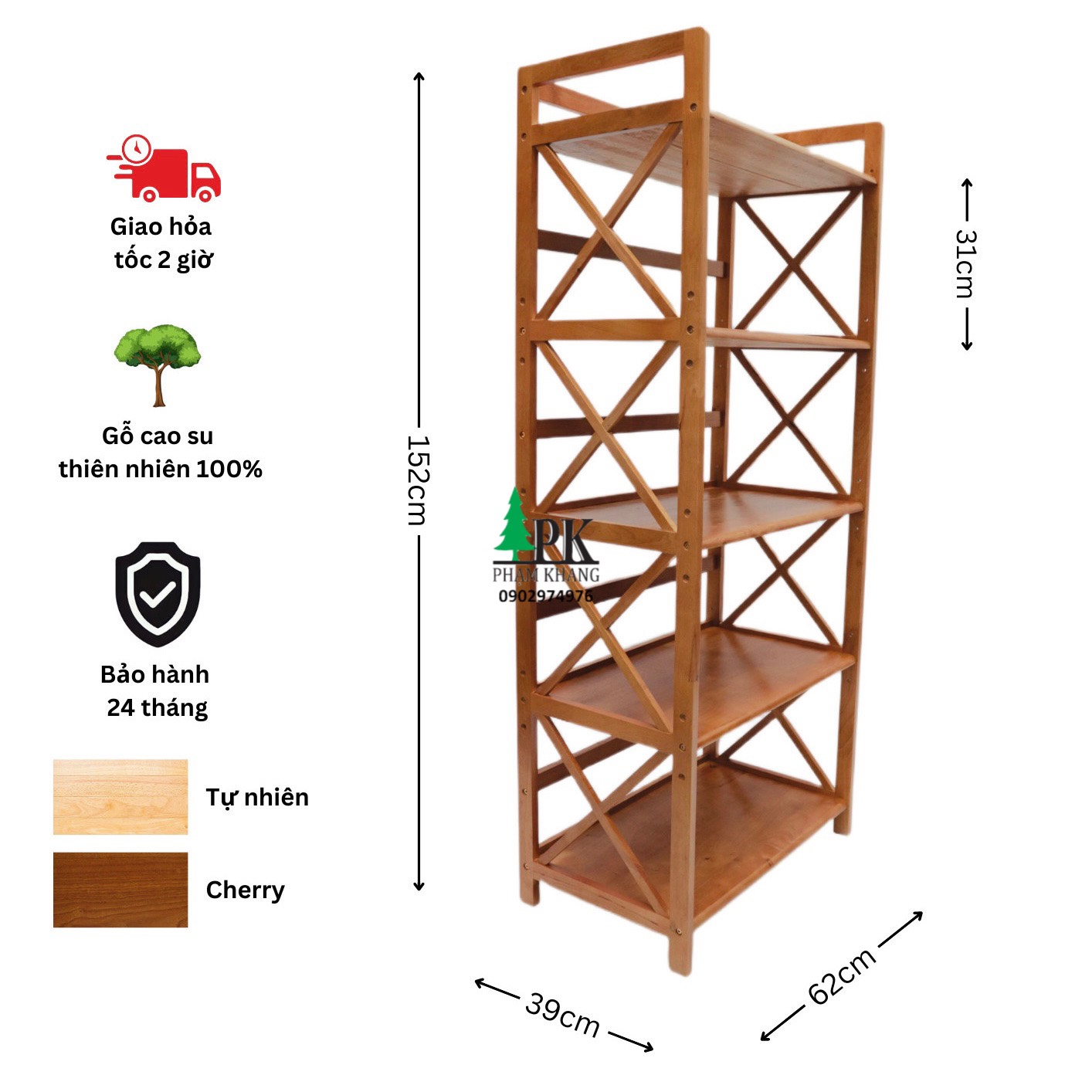 Kệ gỗ lò vi sóng 3 tầng/ 4 tầng/ 5 tầng Phạm Khang - Gỗ cao su màu Gỗ Tự Nhiên/ Vàng Cherry - Kích thước rộng 62 cm