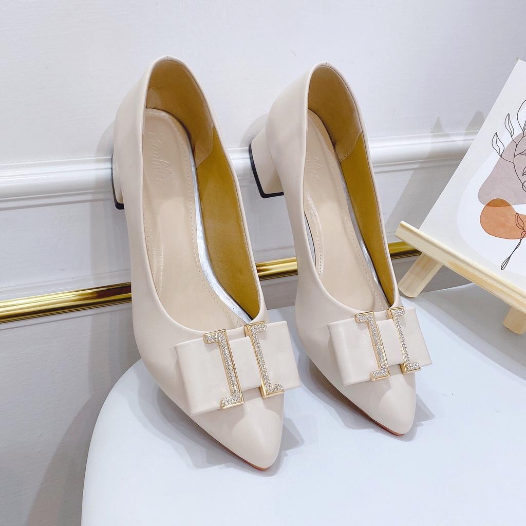 Giày Cao Gót Nữ Mũi Nhọn  gót vuông cao 3p khóa chữ H nữ tính