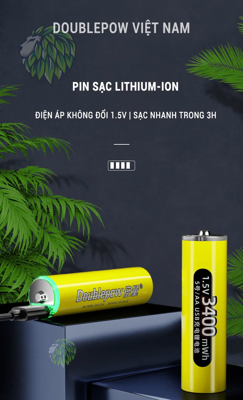 Pin sạc 1.5V AA 3400mWh Doublepow sạc trực tiếp bằng cổng USB, có sạc nhanh, dùng cho đồ chơi, điều khiển tivi. micro. Doublepow Rechargeable AA Lithium Batteries with USB Cable,1.5V AA Li-ion Battery,3400mWh High Capacity Double A Battery. Hàng Nhập Khẩu