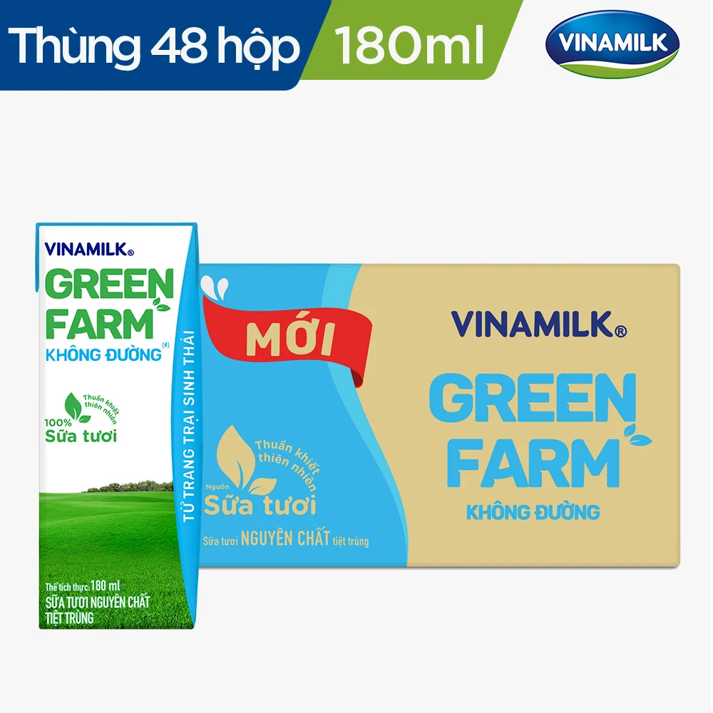 Thùng 48 Hộp Sữa Tươi Tiệt Trùng Vinamilk Green Farm - Sữa Tươi 100% Không Đường 180ml