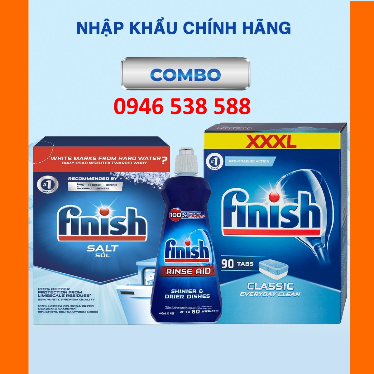 Viên rửa bát Finish 100 viên + Muối Finish 1.2kg + Nước làm bóng 400ml Finish + Tặng que thử nước cứng