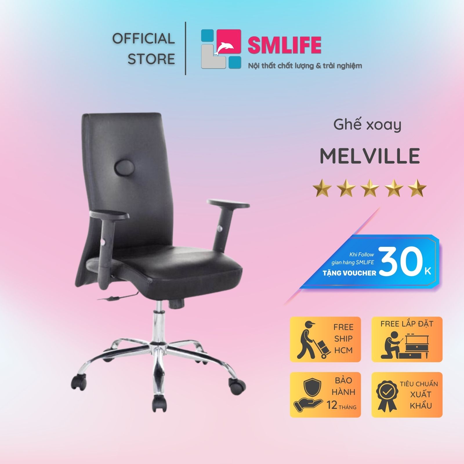 Ghế xoay văn phòng lưng trung rời bọc da SMLIFE Melville