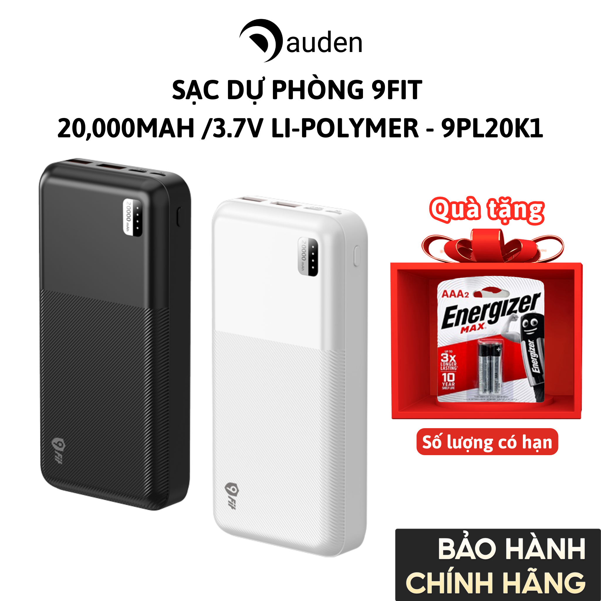 Sạc Dự Phòng 9FIT 20000mAh /3.7V Li-Polymer 9PL20K1 - hỗ trợ sạc nhanh 10,5W tích hợp 2 cổng output - Hàng chính hãng