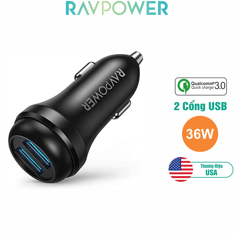 Củ Sạc Điện Thoại Trên Ô Tô Xe Hơi RAVPower 2 Cổng 36W,Quick Charge 3.0-RP-VC018 Siêu Nhỏ Gọn- Hàng Phân Phối Chính Hãng