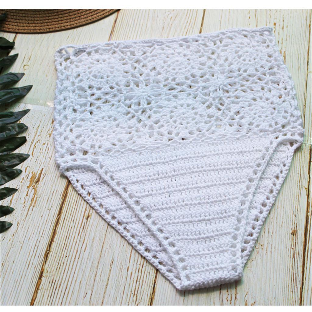 Women Lady Bohemian Two Piece Crochet High Waisted Swimwear Bikini Set White Lace Knit Swimsuit Bathing Suit