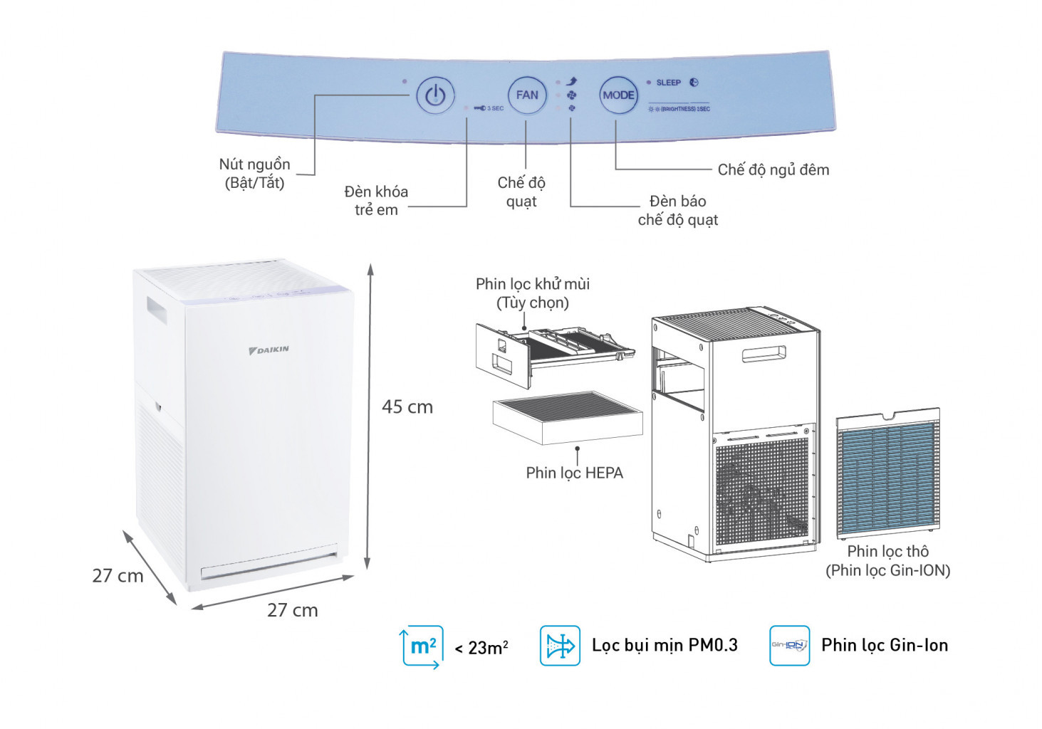 Hàng Chính Hãng - Máy lọc không khí Daikin MCQ30ZVM7 - Diện tích sử dụng 23m2 - Phin lọc sử dụng 10 năm