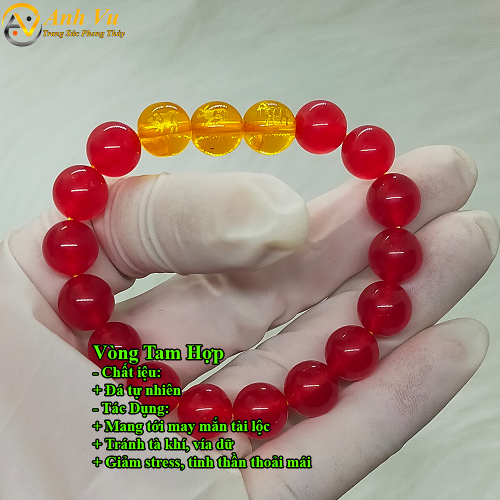 Vòng tay đá mã não đỏ tự nhiên - Vòng tay tam hợp quý nhân hợi mão mùi - May mắn tài lộc bình an