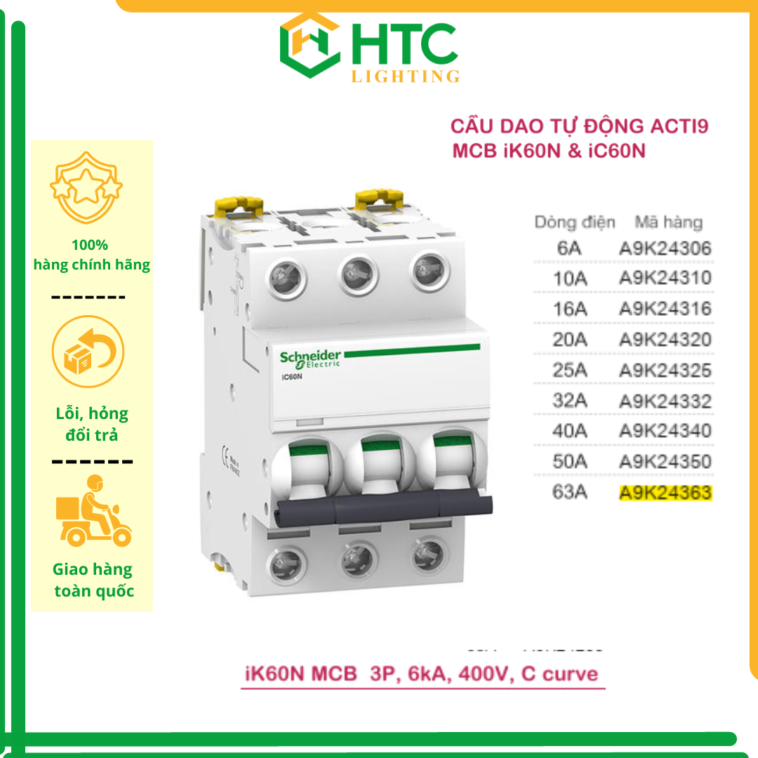 Cầu dao / Aptomat tự động MCB Acti9 IK60N 3P 6kA 400V, C Curve