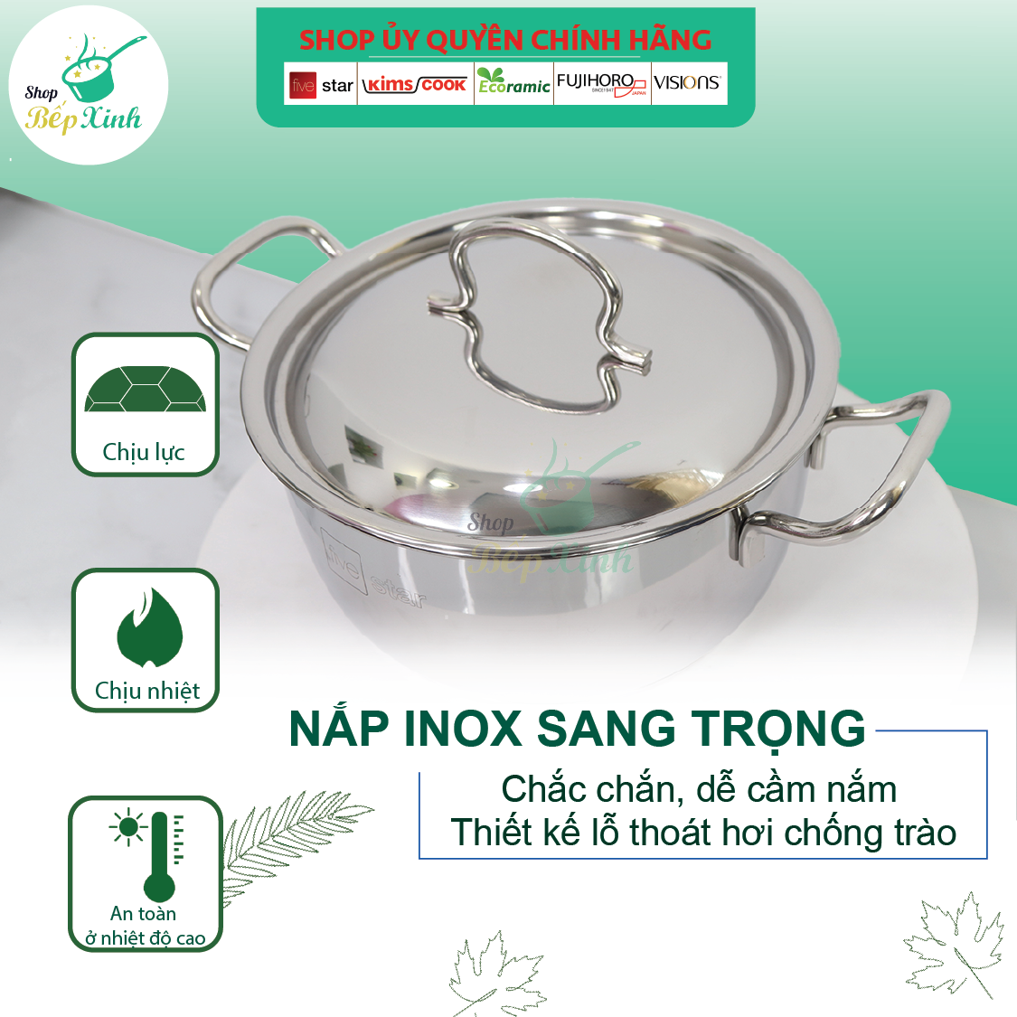 Bộ nồi inox FIVESTAR 5 chiếc 3 đáy bếp từ nắp inox