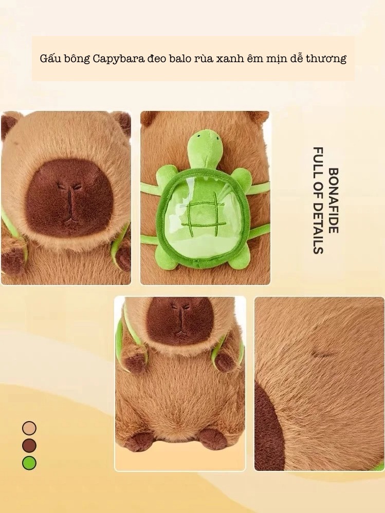 Thú nhồi bông Capybara đeo balo rùa xanh êm mịn dễ thương cao cấp - Size từ 35cm đến 90cm - Quà tặng gấu bông Capybara nhồi bông dễ thương - Gối ôm mềm mịn cho bé