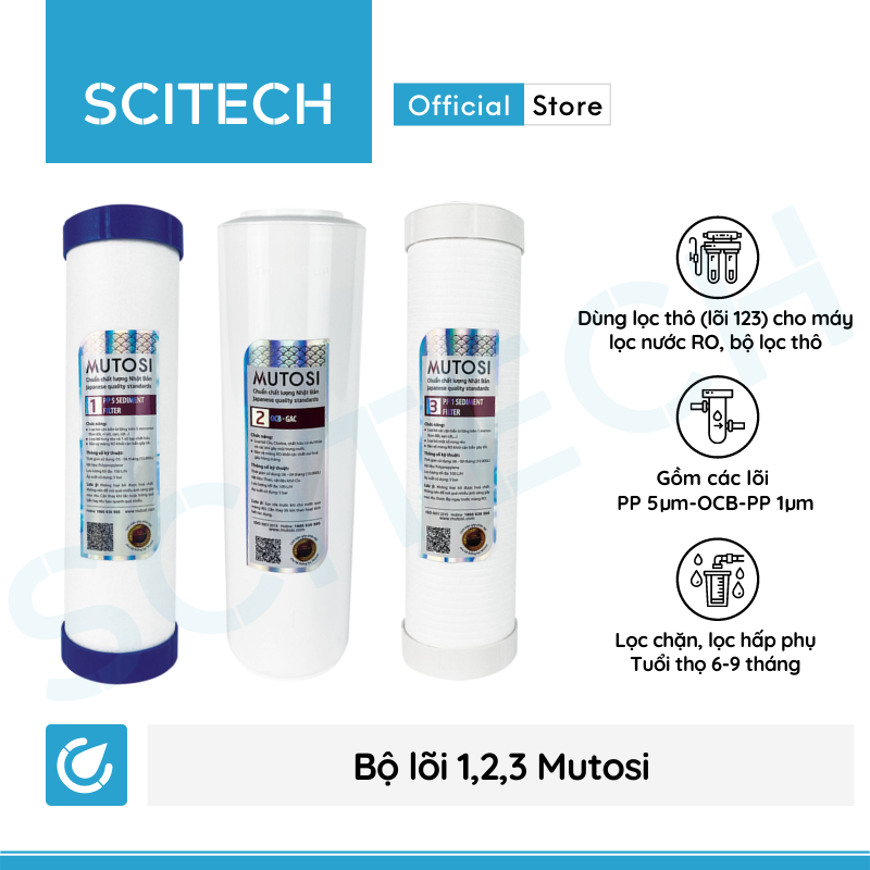 Bộ lõi 123 by Scitech (Lõi PP5-OCB-PP1 dùng thay thế máy lọc nước Mutosi) - Hàng chính hãng