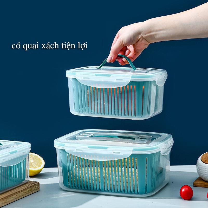 Bộ 5 hộp nhựa 2 lớp đựng thực phẩm, thức ăn, rau củ quả bảo quản trong tủ lạnh có nắp đậy và quai xách