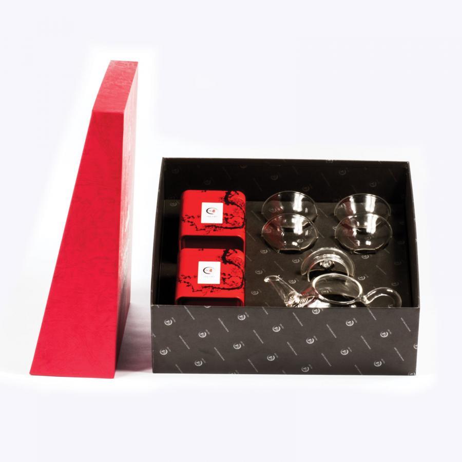 Hộp Cát Tường - Bộ tứ ẩm thủy tinh trà Ô Long, trà Hồng Trà