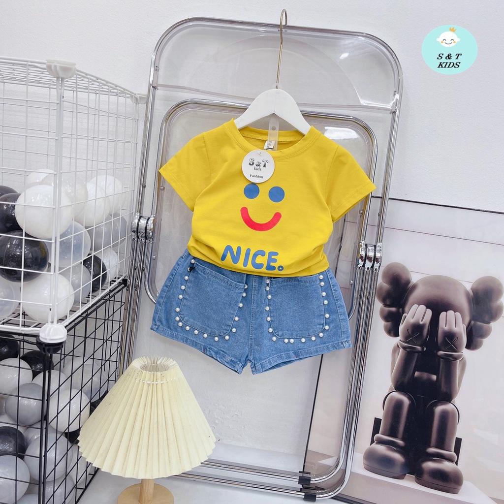 Đồ Bộ Bé Gái Áo Cotton, quần jean đính hạt siêu điệu cho bé gái từ 10-20kg