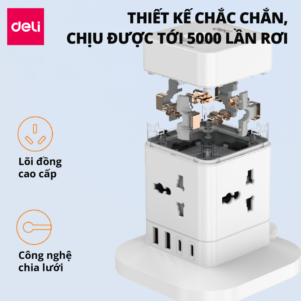 [TẶNG BÚT TẨY ĐIỆN] Ổ cắm điện đa năng Deli Công Suất 2500W - Tích Hợp Ổ USB &amp; Type C Thiết Kế Cầu Chì Tự Ngắt Khi Quá Tải, Nắp Chống Giật