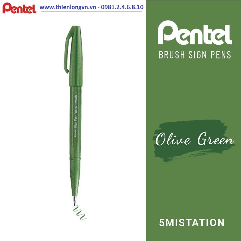 Bút lông viết thư pháp hiện đại Pentel SES15C-D2X xanh ô liu; Calligraphy Fude Touch Sign - Olive green