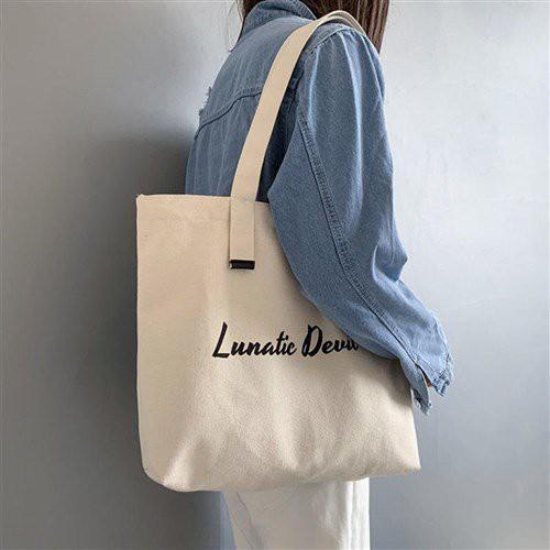 Túi tote túi vải canvas Lunatic Devil phong cách Hàn quốc, có khóa miệng ngăn phụ bên trong tiện dụng