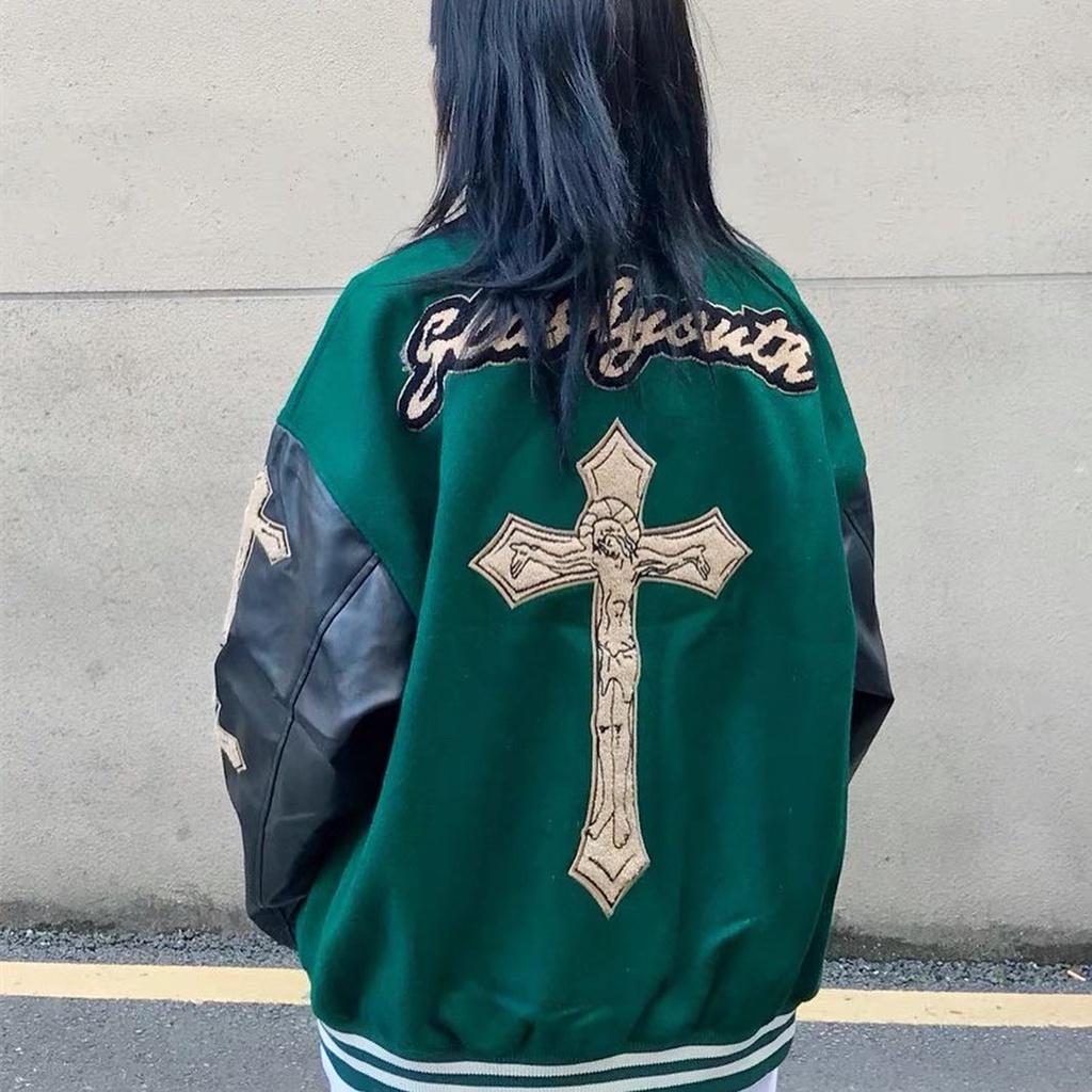Áo bomber Miuzi unisex,áo bóng chày thêu hình thánh giá phối tay da DT048