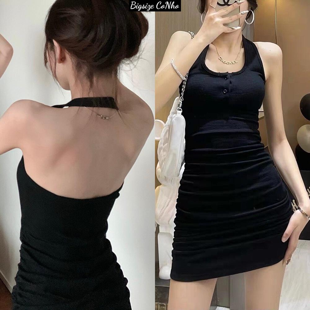 Váy đầm Bigsize dáng dài ôm body cổ yếm form rộng chất gân tăm co giãn phối dây rút hai bên hách dáng G63 - Màu Nâu