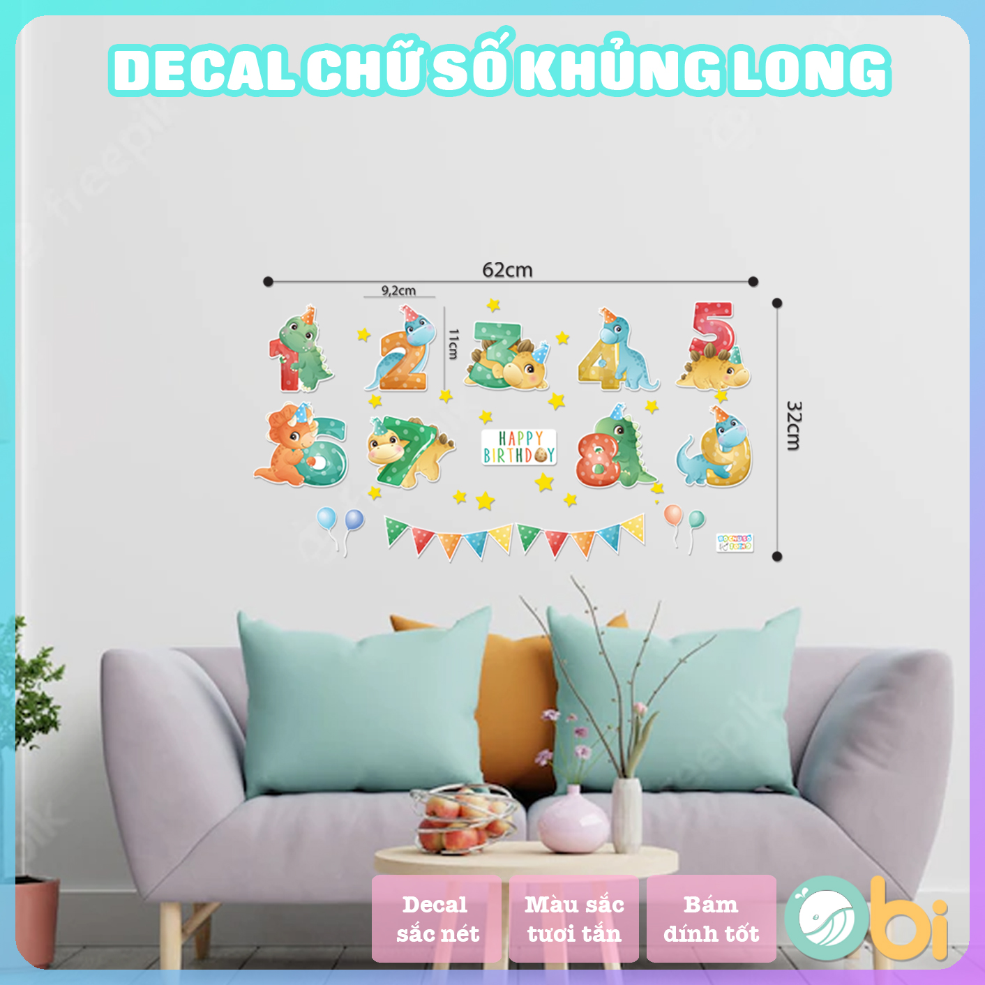Decal Chữ Số Khủng Long Dino - Dán tường cho bé yêu Obi shop