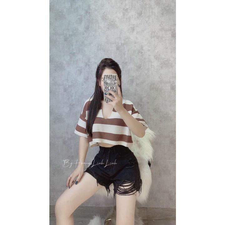 Áo croptop kẻ ngang cổ đức
