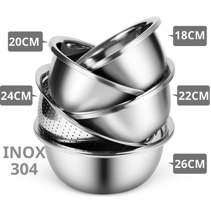 Bộ Thau Rổ Inox 5 món Cao Cấp Cho Nhà Bếp