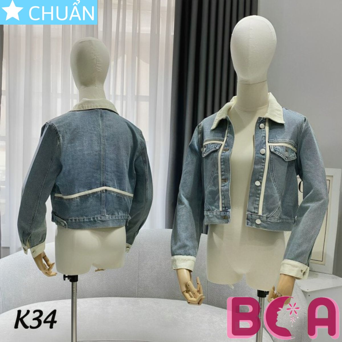 Áo khoác Jeans nữ lửng K34 phối màu xanh và kem tạo sự thanh lịch, nhã nhặn nhưng không kém phần cá tính và năng động