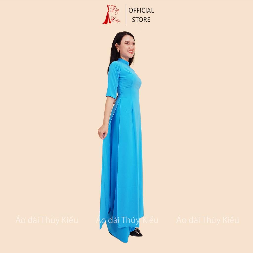 Áo dài trơn lụa Nhật cổ 2 phân màu xanh nước biển AK33