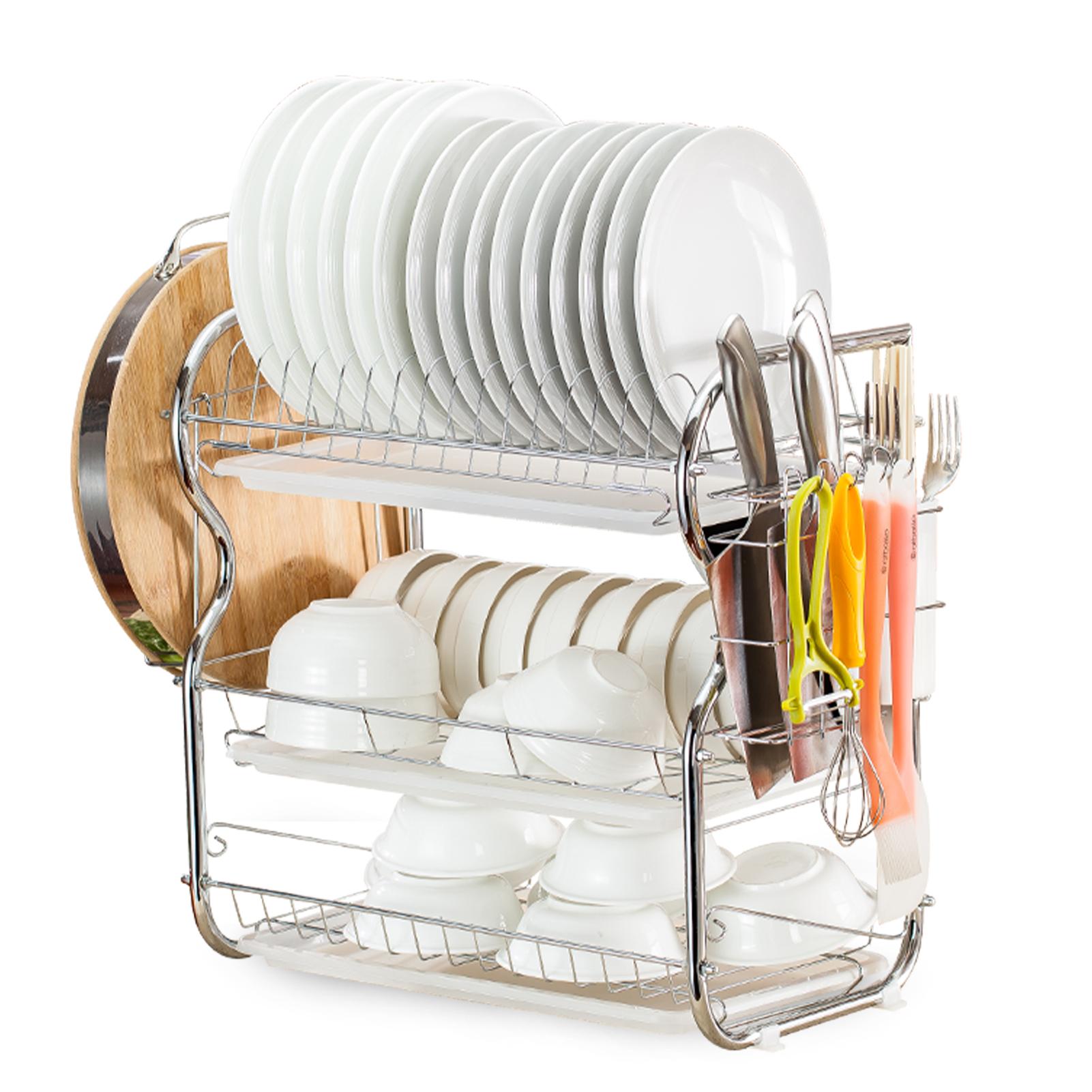 Giá để bát đĩa 3 tầng, bằng thép có thể thoát nước và tháo rời