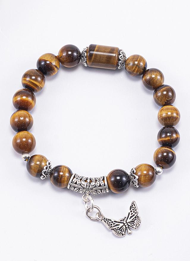 Vòng Tay Phong Thủy Nữ Đá Mắt Hổ Vàng Nâu Phối Charm Bướm Bạc Mệnh Thổ, Kim Ngọc Quý Gemstones