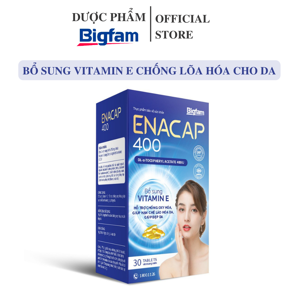 Thực phẩm bảo vệ sức khỏe viên uống bổ sung Vitamin E chống lão hóa cho da Enacap400 Bigfam (Hộp 3 vỉ x 10 viên)