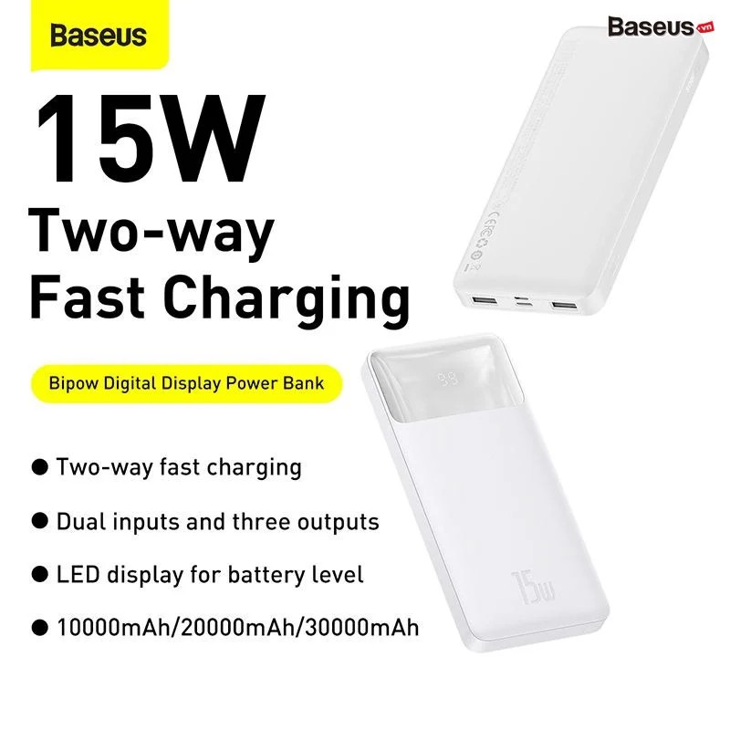 Pin sạc dự phòng Baseus Bipow Digital Display Power Bank (15W / 20W, USB*2+Type C , LED Display, 2 Way Fast charge ) Hàng chính hãng