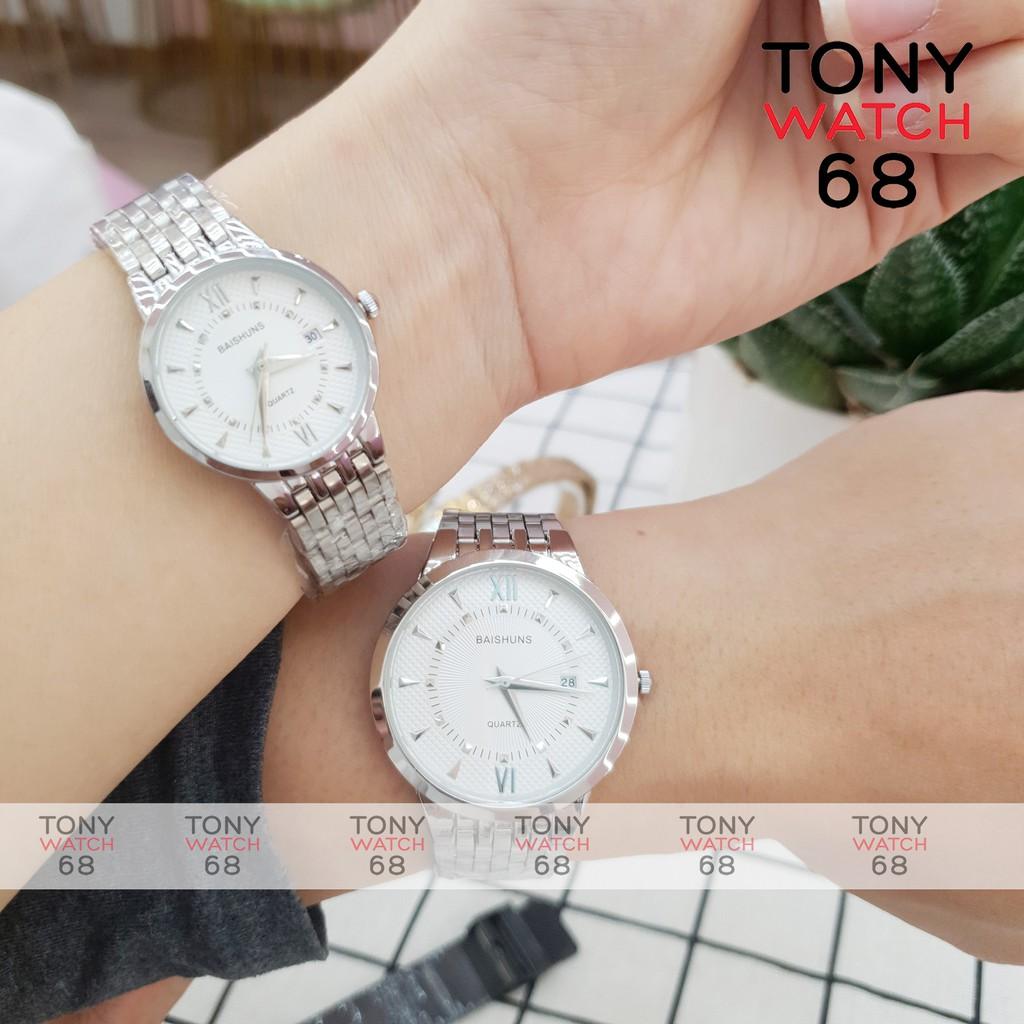 Đồng hồ cặp đôi nam nữ Baishuns mặt tròn trắng dây kim loại bạch kim chính hãng Tony Watch 68