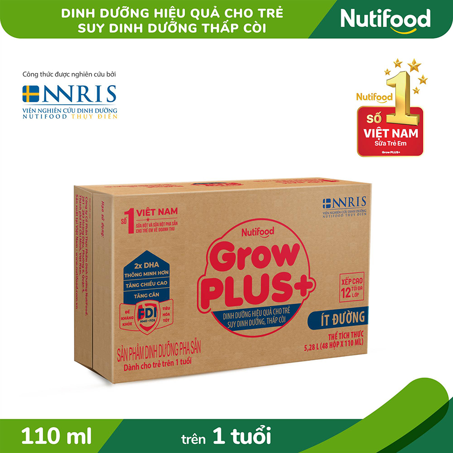 Thùng 48 Hộp Sữa Bột Pha Sẵn Growplus+ Ít Đường 110ml