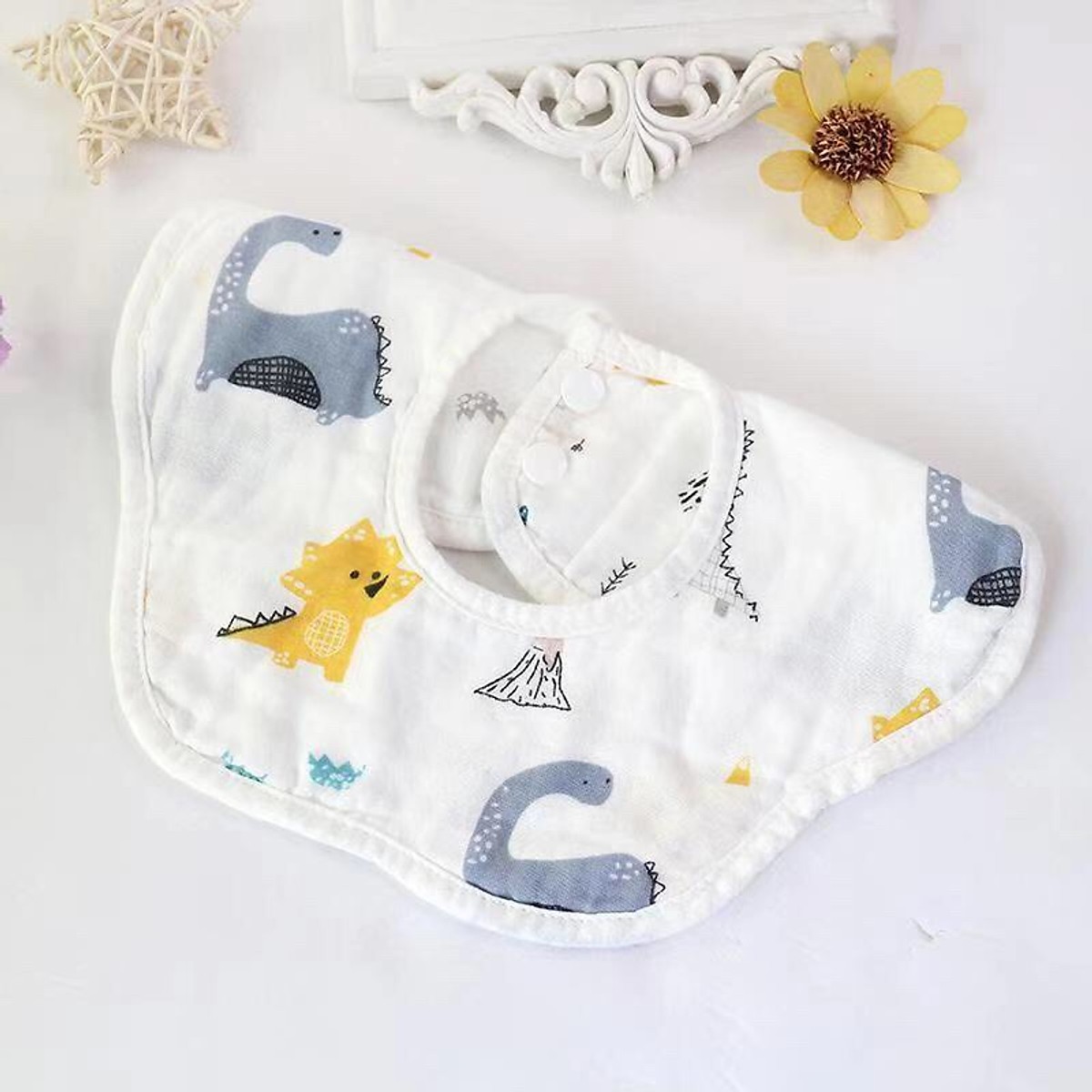 Set 2 Yếm Tròn Vải Xô 6 Lớp Có Nút Bấm Siêu Thấm Hút