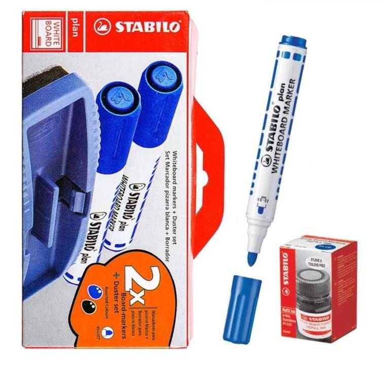 Bộ 2 Bút viết bảng STABILO plan + Dụng cụ lau bảng lớn + Hộp mực châm bút viết bảng màu xanh (WM641-2SBUR)