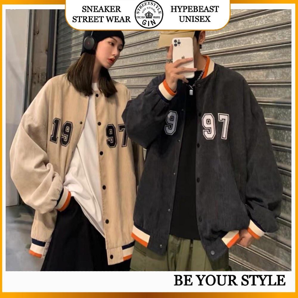 Áo Bomber/ Áo khoác nhung tăm 1997 cúc bấm nam nữ Unisex Phong cách Ulzzang - Gin Store