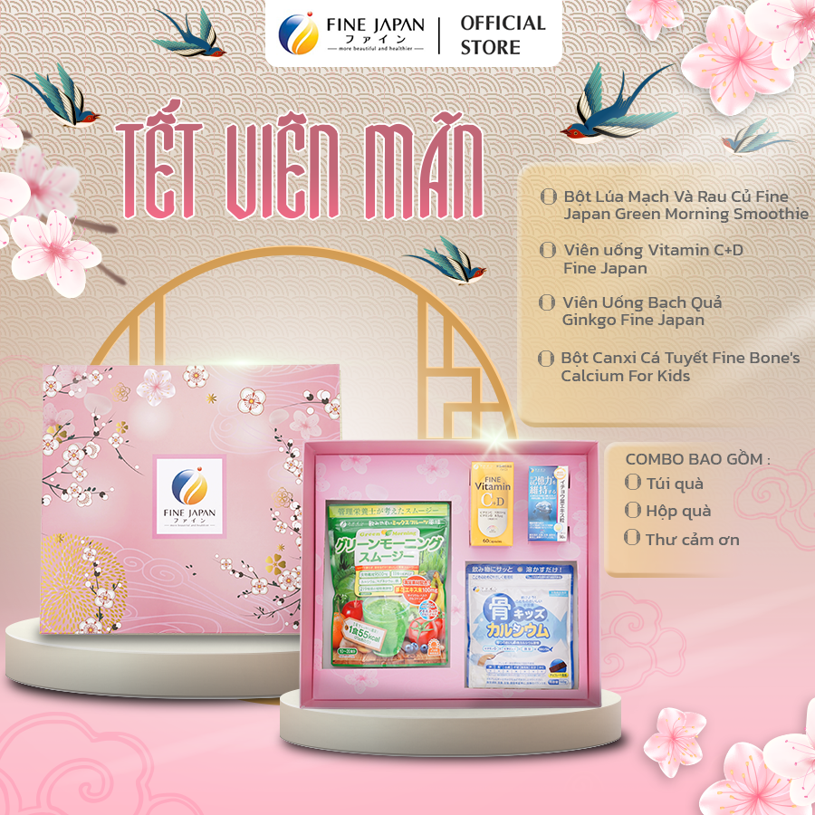 [Hộp quà Tết 2023] SAKURA TẾT VIÊN MÃN Fine Japan hộp quà cho cả gia đình (Bột rau xanh, Vitamin CD, bổ não, canxi cá tuyết)