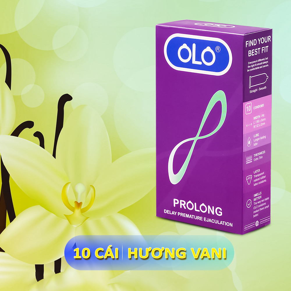 Bao cao su OLO Prolong hộp 10 cái -  siêu lâu ra, size 52mm, hương vani, siêu mỏng, siêu nhiều gel bôi trơn