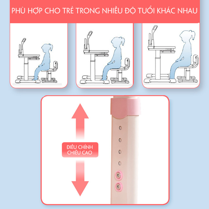 Bộ Bàn Ghế Học Sinh Kèm Đèn Học Và Giá Đỡ Sách Thông Minh Có Thể Tùy Chỉnh Độ Cao (Kèm Ghế