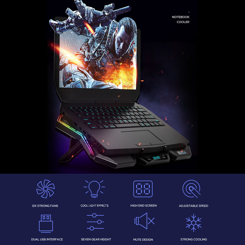 Máy làm mát máy tính xách tay COOLCOLD K40 RGB 6 quạt Thiết kế câm với chân đế có thể điều chỉnh được tốc độ gió Chiều cao ánh sáng đầy màu sắc