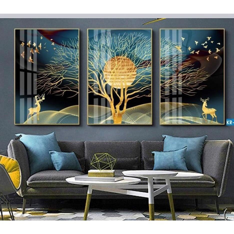 Bộ ba tranh tráng gương cao cấp hươu dưới ánh trăng