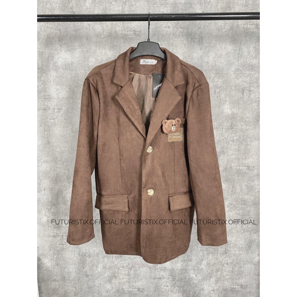 Áo Vest Nâu Phối Gấu Teddy Siêu Xinh, Áo Blazer Da Lộn Tặng Kèm Gấu Teddy AK165