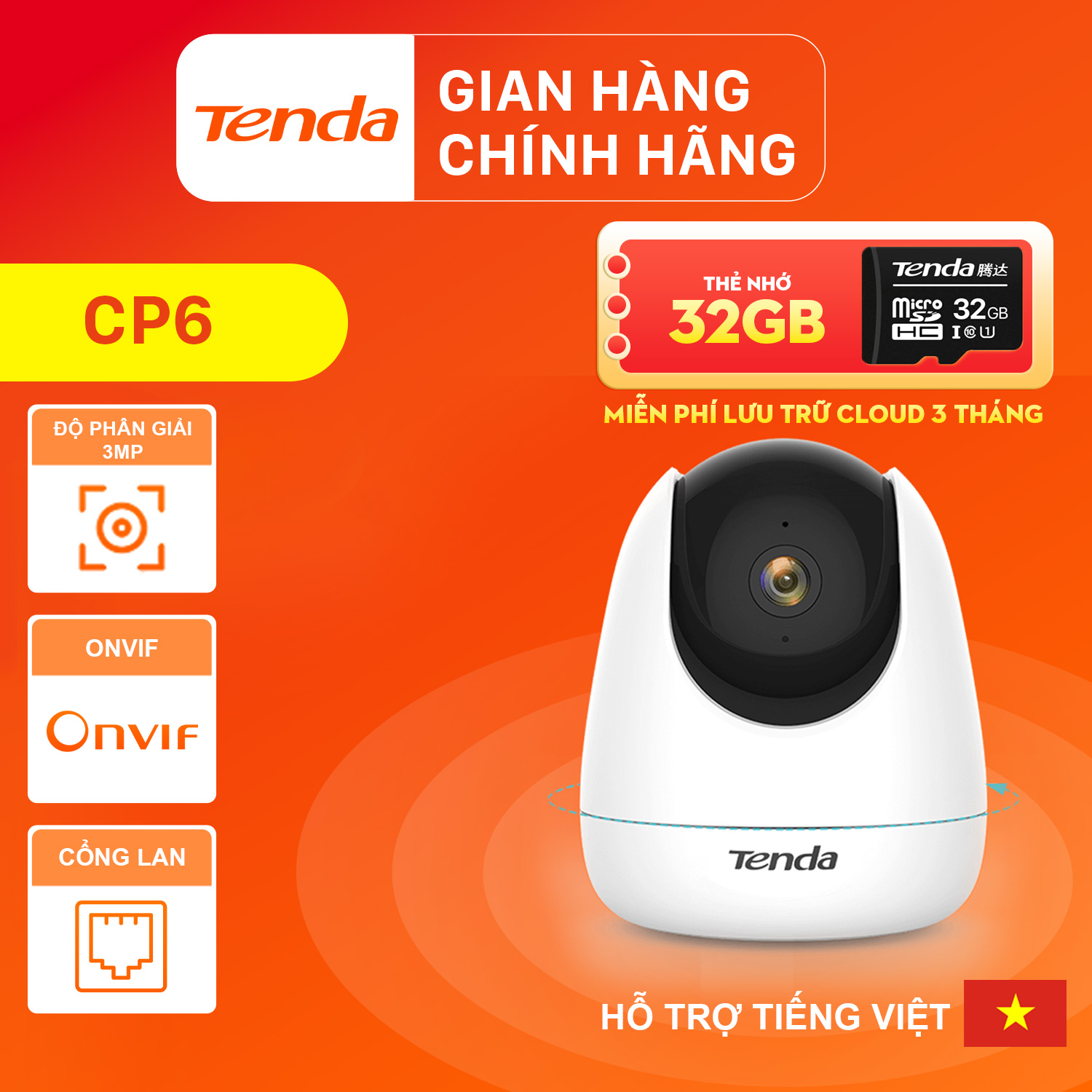 Camera IP Wifi Tenda CP6 Full HD 2K 360° Kèm Thẻ Nhớ 32GB - Hàng chính hãng