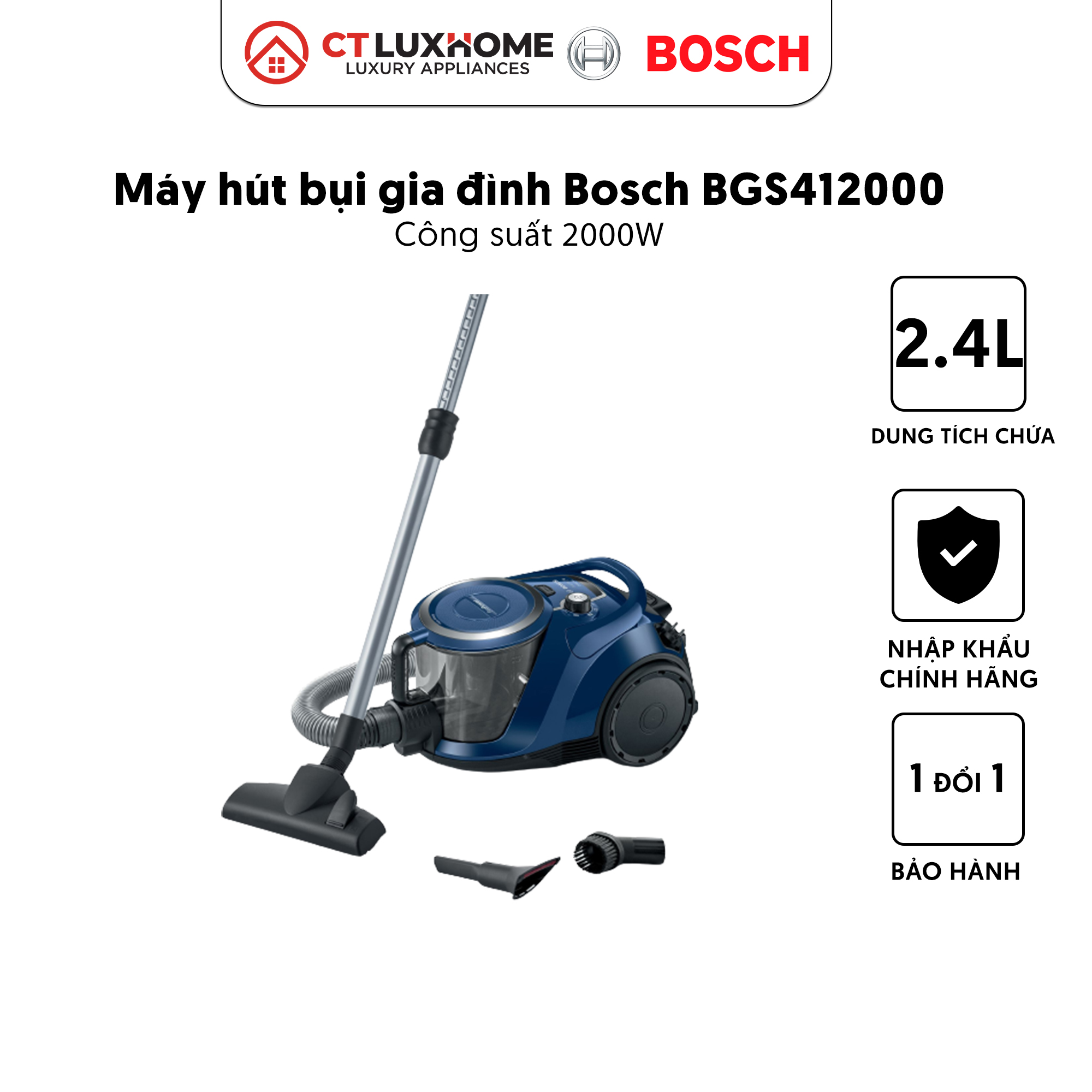 Máy Hút Bụi Có Dây Bosch BGS412000 2000W, 10A, 50Hz, hộp chứa 2,4 lít