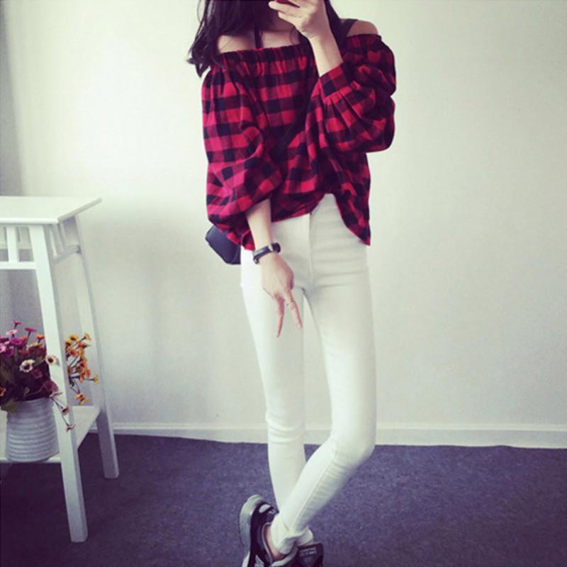 Áo trễ vai kẻ sọc vuông phong cách Hàn Quốc cho nữ